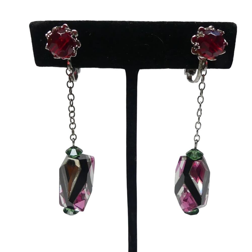 Rare and Unusual Signed Vintage Vendome Pink and Blass Glass Drop Earrings